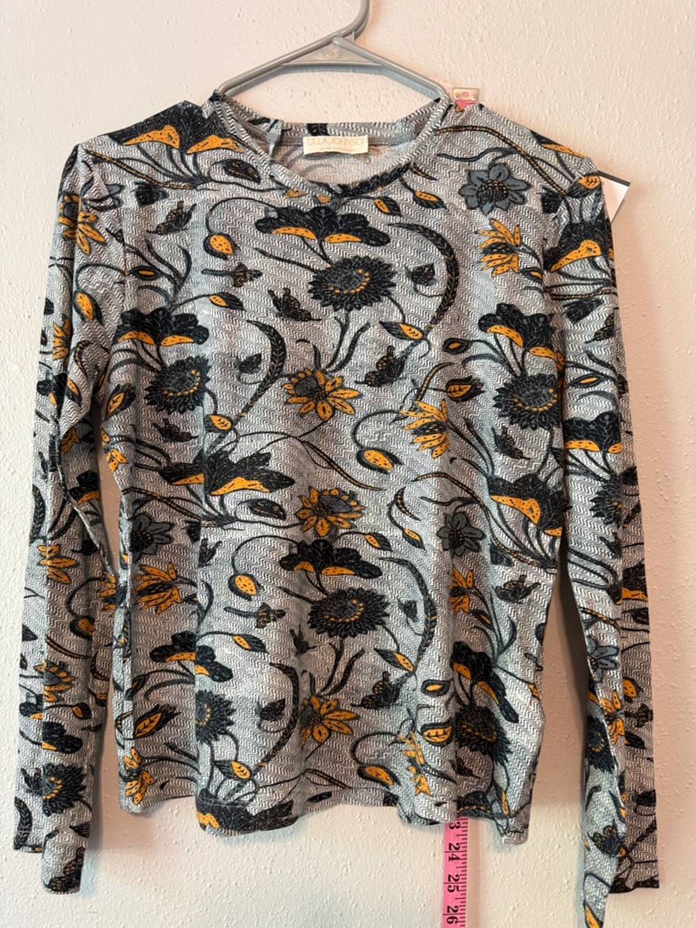 Ulla Johnson Gray Floral Knit Long-Sleeve Top with Mustard & Black Accents